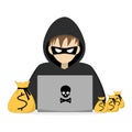 A hacker is sitting at a computer stealing personal data. Hacker steals bags of money