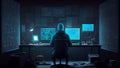 Hacker sitting in front of a computer screen with binary code on the background Royalty Free Stock Photo