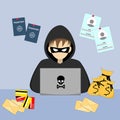 A hacker is sitting at a laptop, stealing someone else s information, passport data, credit data, money. Vector