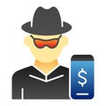 Hacker on smartphone flat icon. Mobile phone with thief color icons in trendy flat style. Online robber gradient style