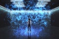 Hacker standing in abstract room interior with blue polygonal mesh. Technology, security and web hacking concept.