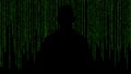 Hacker standing in front of 01 or binary numbers on the computer screen on monitor background matrix, Digital data code in safety Royalty Free Stock Photo