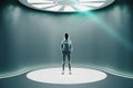 Hacker standing in futuristic gray hall with luminous disc on ceiling