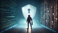 Hacker standing before glowing security shield and keyhole in digital server room