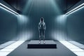 Hacker standing on podium in contemporary gallery interior Royalty Free Stock Photo