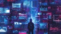 A hacker stands in a dark space, analyzing data displayed on numerous brightly lit screens, immersed in a digital realm