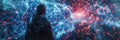 A hacker stands in a dimly lit space, surrounded by vibrant digital networks and data patterns, focused on analyzing