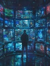A hacker stands focused in a dimly lit space surrounded by multiple screens filled with colorful data and codes