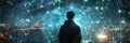 A hacker stands on a rooftop, observing the city lights while analyzing digital data streams and connections