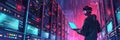 A hacker stands in a vibrant, illuminated server room, focused on a laptop, while rain pours down outside. Generative AI