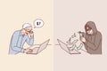 Hacker steals money from elderly man using laptop with internet, using psychological manipulation Royalty Free Stock Photo
