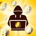 hacker symbol on bitcoin cryptocurrency in bright yellow rays of Royalty Free Stock Photo