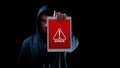 Hacker tablet cyber security. Digital mobile phone in hacker man hand isolated on black banner. Internet web hack