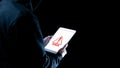 Hacker tablet cyber security. Digital mobile phone in hacker man hand isolated on black banner. Internet web hack