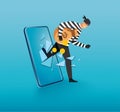 Hacker, thief hacking into smartphone. vector illustration