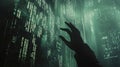 Hacker touching futuristic screen with green code in digital world Royalty Free Stock Photo