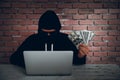 Hacker try to hack and steal information system data from computer and show money after hacked it