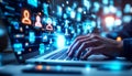 Hacker Typing on Glowing Keyboard with Blue Holographic Cybersecurity Interface