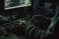Hacker typing on a keyboard in dark room Royalty Free Stock Photo