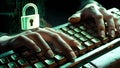 Hacker Typing on Keyboard with Digital Lock and Code Royalty Free Stock Photo