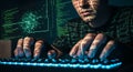 Hacker typing on keyboard, illuminated by code and network graphics on screen Royalty Free Stock Photo