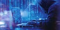 Hacker Typing on Laptop with Binary Code Background Royalty Free Stock Photo