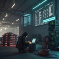 Hacker Typing on Laptop in Dark Data Center with Glowing Server Racks and Industrial Tech Setup