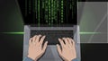 Hacker Typing on Laptop with Green Matrix Code Flowing Down Royalty Free Stock Photo