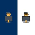 Hacker, User, Gamer, Programmer Icons. Flat and Line Filled Icon Set Vector Blue Background
