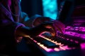 Hacker uses keyboard, shakes buttons with fingers to crack password. Internet security concept, cyber attack. Neon blue