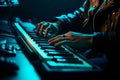 Hacker uses keyboard, shakes buttons with fingers to crack password. Internet security concept, cyber attack. Neon blue