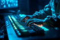 Hacker uses keyboard, shakes buttons with fingers to crack password. Internet security concept, cyber attack. Neon blue