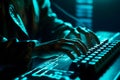 Hacker uses keyboard, shakes buttons with fingers to crack password. Internet security concept, cyber attack. Neon blue