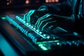 Hacker uses keyboard, shakes buttons with fingers to crack password. Internet security concept, cyber attack. Neon blue