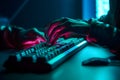 Hacker uses keyboard, shakes buttons with fingers to crack password. Internet security concept, cyber attack. Neon blue