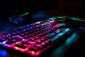 Hacker uses keyboard, shakes buttons with fingers to crack password. Internet security concept, cyber attack. Neon blue