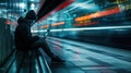 A hacker uses a laptop in a subway station, emphasizing the dangers associated with public Wi-Fi networks during evening