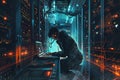 A hacker uses a laptop to access servers in a dimly lit data center, illuminated by screens and digital lights