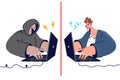 Hacker uses social engineering by communicating with company employee via laptop