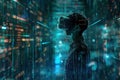 A hacker uses a VR headset to explore a virtual world filled with digital locks and flowing codes, surrounded by vivid Royalty Free Stock Photo