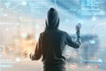 Hacker using abstract interface with glowing SEO hologram and icons on blurry background. Search engine optimization, hacking and Royalty Free Stock Photo