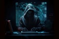 Hacker using abstract laptop with binary code digital interface, cyber war Hacking, and malware concept Royalty Free Stock Photo