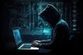 Hacker using abstract laptop with binary code digital interface, cyber war Hacking, and malware concept Royalty Free Stock Photo