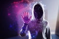 Hacker using abstract polygonal circles interface on blurry purple background. Metaverse concept