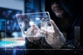 Hacker using clear tablet with HUD panel and bitcoin code graph Royalty Free Stock Photo