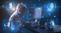 Hacker using computer with abstract remote work hologram Royalty Free Stock Photo