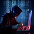 Hacker using computer in dark room. Computer security and hacking concept. Generative AI Royalty Free Stock Photo