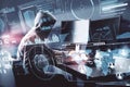 Hacker using computer with digital antivirus interface Royalty Free Stock Photo