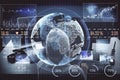 Hacker using computer with global business scheme and financial analytics Royalty Free Stock Photo