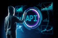 Hacker using creative API hologram on blurry background. Application Programming Interface concept. Interaction with digital icons Royalty Free Stock Photo